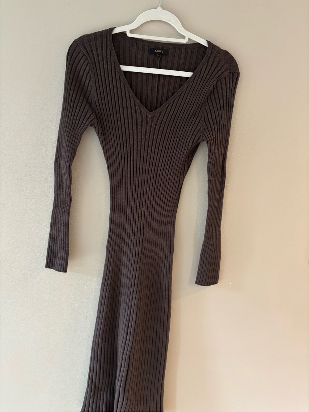 Quince Chocolate Brown Ribbed V-Neck Long Sleeve Sweater Dress